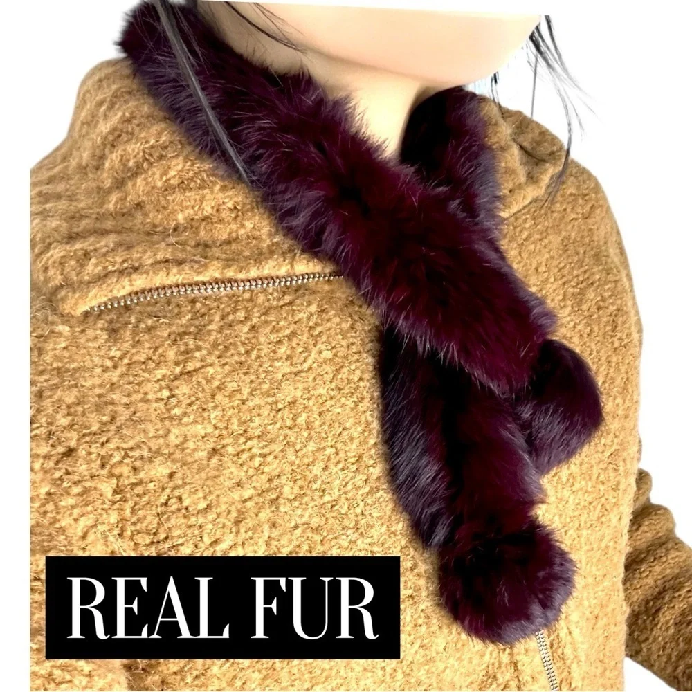 100% REAL FUR Luxurious Knitted Burgundy Wrap Scarf Pom Pom Soft Cozy